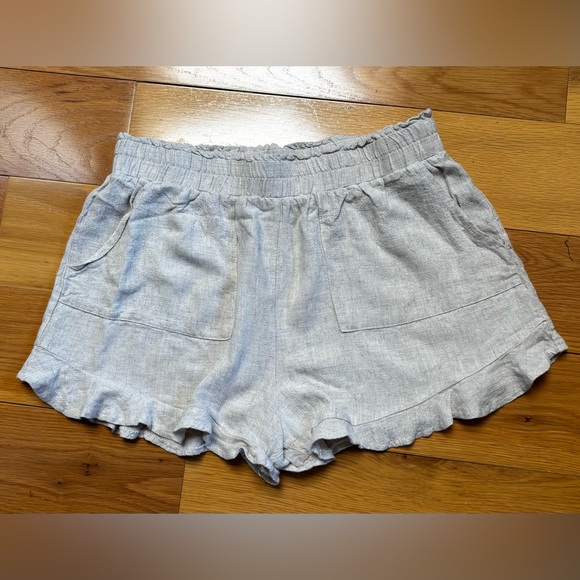 Milkweed Women’s L Khaki Linen Shorts With Ruffle, Elastic Waist, Front Pockets. - Picture 1 of 5